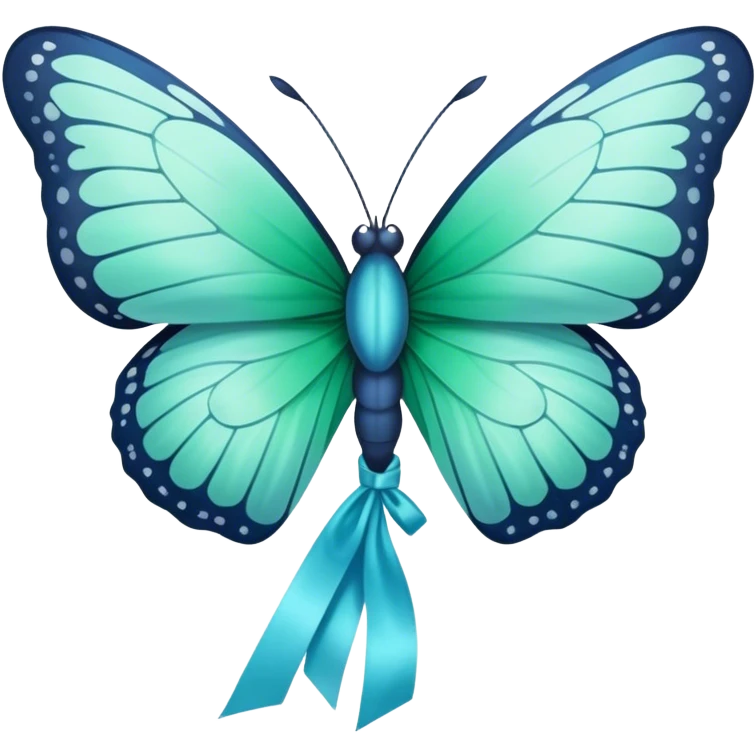 A delicate butterfly with pastel green and blue wings resting on a soft blue satin ribbon. emoji