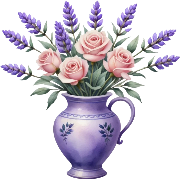 Watercolor painting of roses and lavender in a vintage vase, with light brushstrokes visible emoji