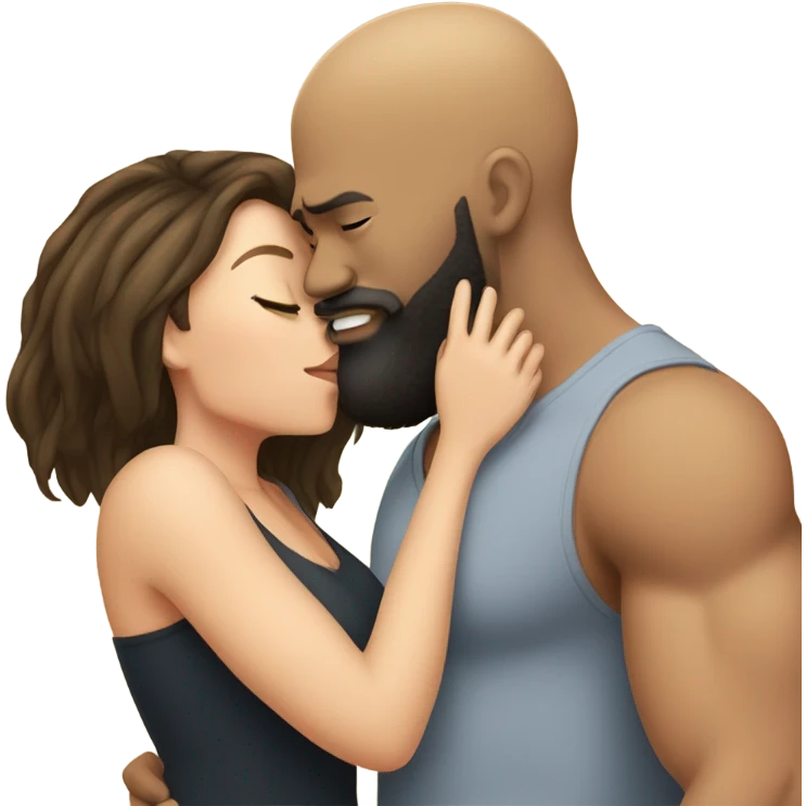 White brunette kissing muscular black bald man with beard emoji