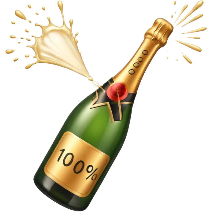Garrafa de champanhe estourando com o texto 100% saindo dela. emoji