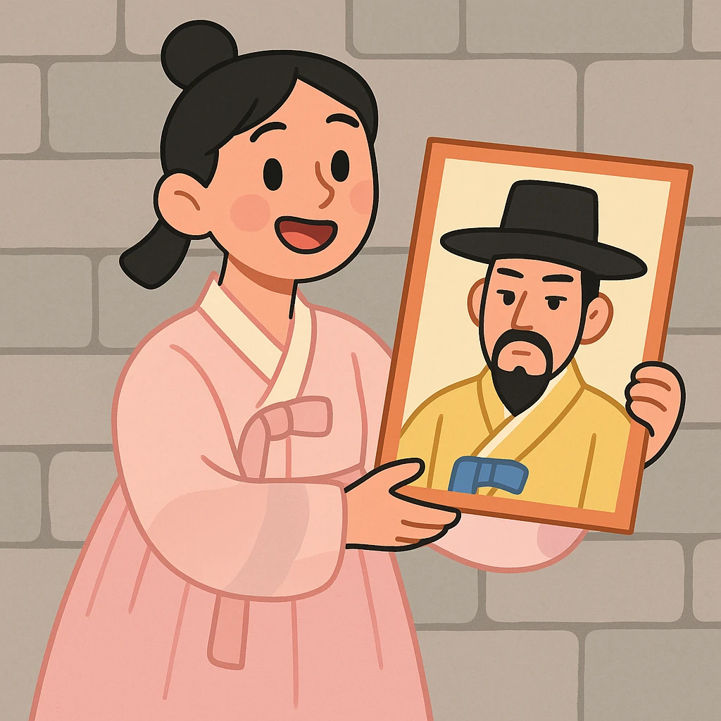 a young woman in a pale pink, sheer hanbok holding a traditional Korean portrait in front of a grey stone wall, pastel toon style emoji
