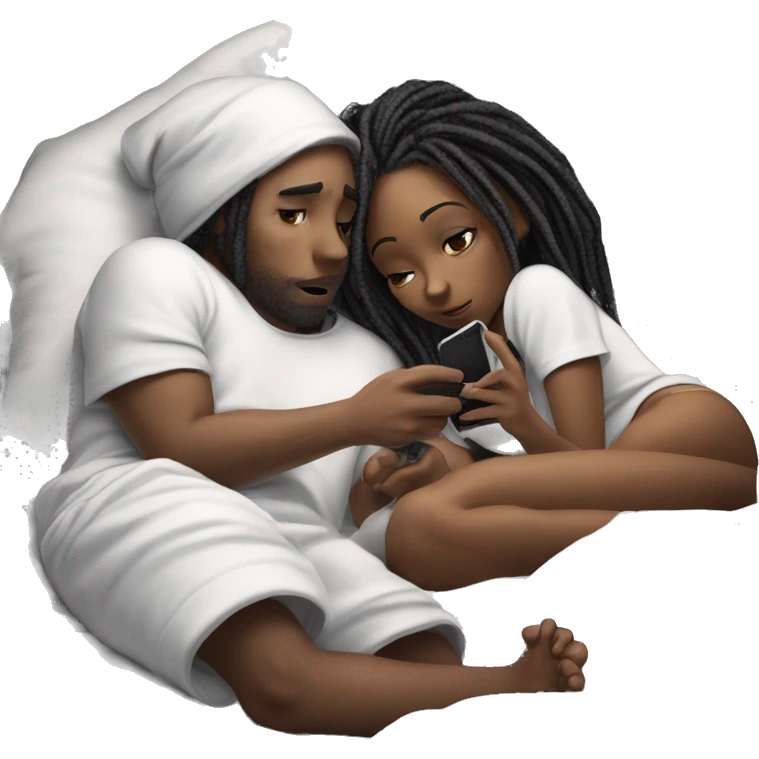 A back boy with dreads and a black girl with a bonnet on, on her phone white there both laying down on a bed and he’s under the covers and she’s on her phone emoji