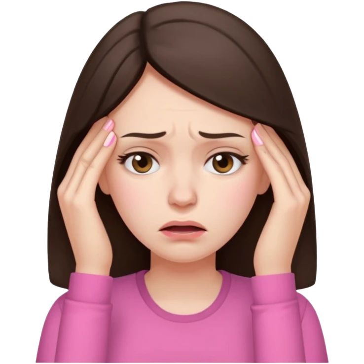 a female brunette with stress and headache wearing pink emoji