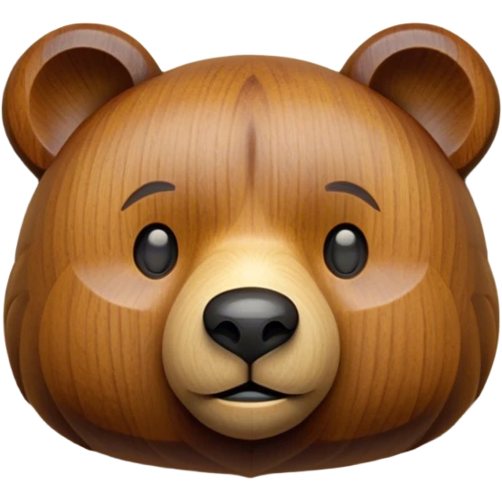 A carved wooden bear toy emoji, made of warm oak with a smooth, polished finish. The bear has simple, rounded features with engraved details for eyes and nose, giving it a handcrafted, vintage look. The texture of natural wood grain is visible, adding authenticity. emoji