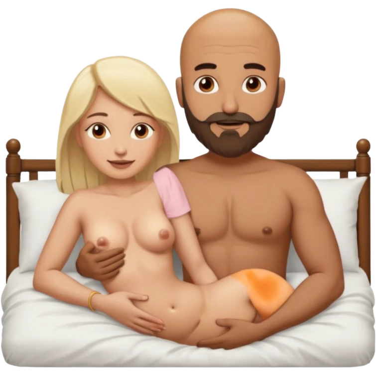 Fully Naked Indian bald man with a beard in bed holding vagina with naked blonde fit woman emoji