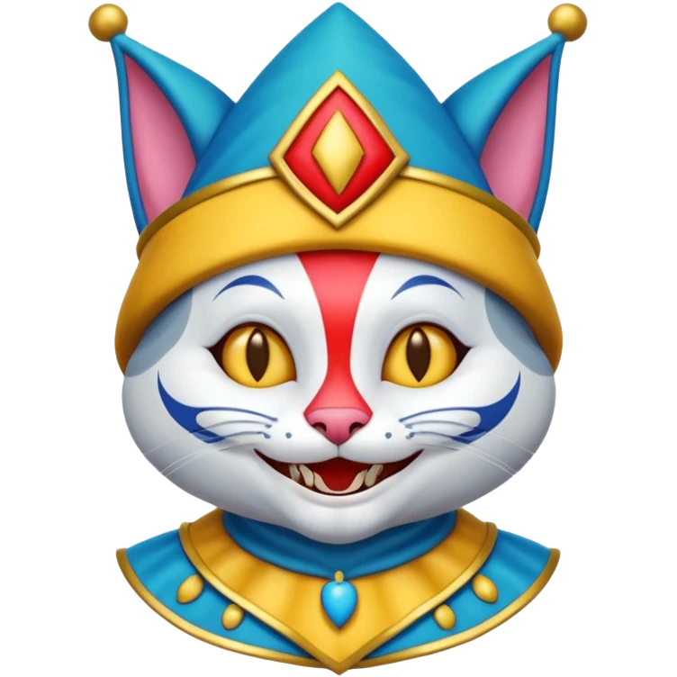 crazy colorful cute little cat jolly joker from poker, medieval, vintage, court jester, mac os icon, blue color emoji