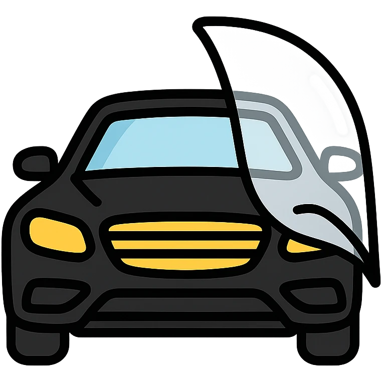icon of a high-end black car partially covered by a rolled transparent or light gray film, glossy black as main color, film with curved effect to suggest adhesion, modern and clean style, no text emoji