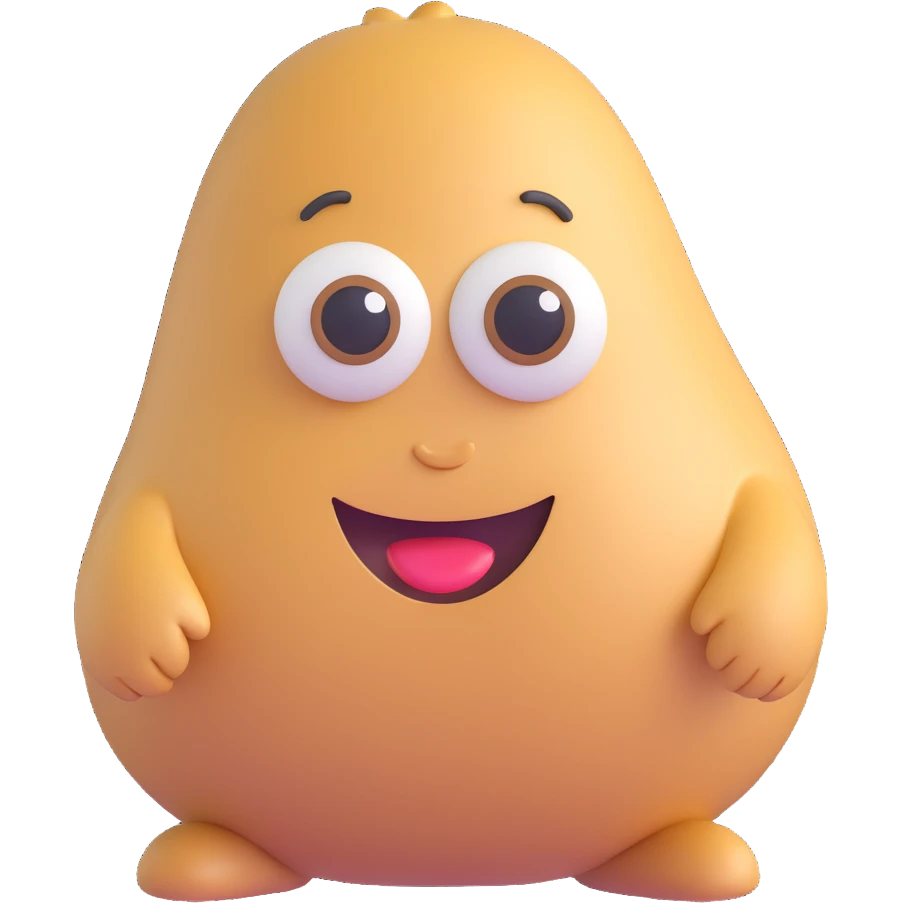 3D emoji style potato, with a big smile, small eyes, slightly lumpy shape emoji