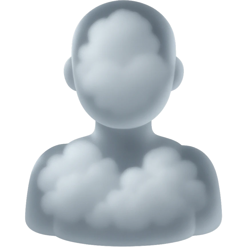 front view person, body made of white fluffy clouds, shoulder up, matte glass style emoji