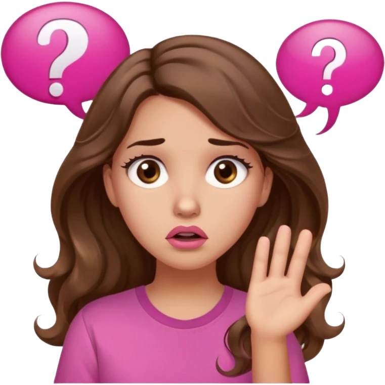 girl with long wavy brown hair, brown eyes, light to medium complexion, in a pink shirt, pink lips, long lashes, confused, question mark speech bubble emoji