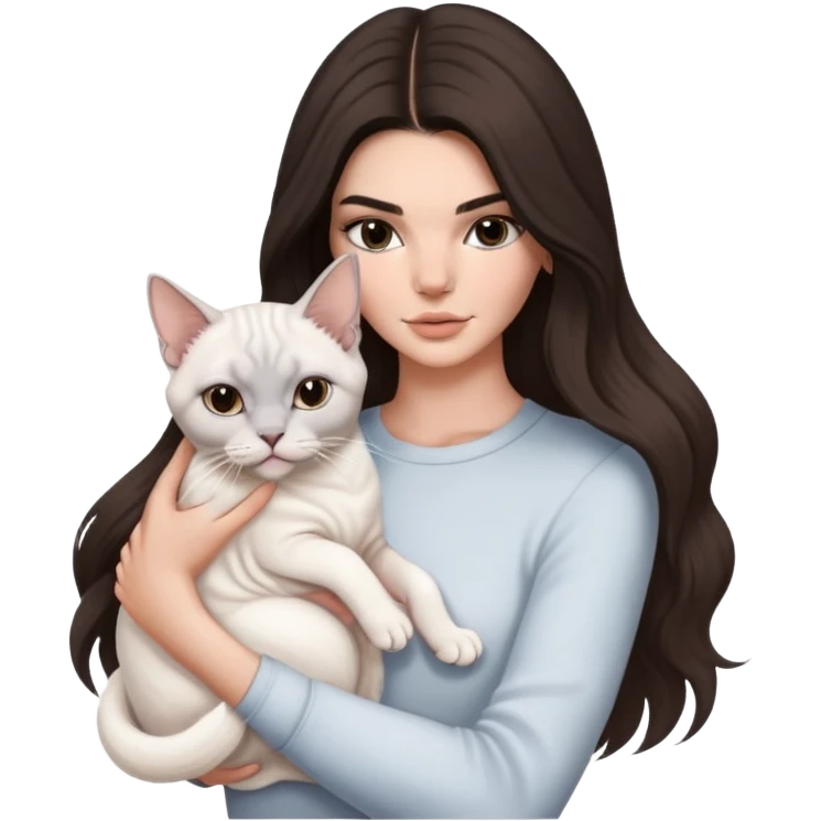 brunette Kendall Jenner with long hair holding on the hands a british white cat and a grey Sphynx emoji