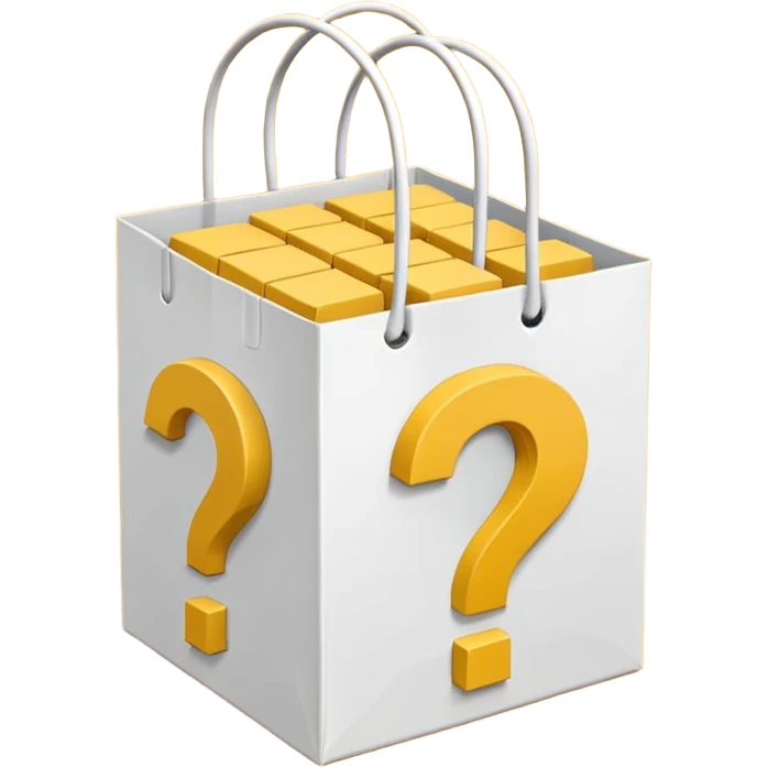 White bag with yellow questions mark cube boxes stuffed in it emoji