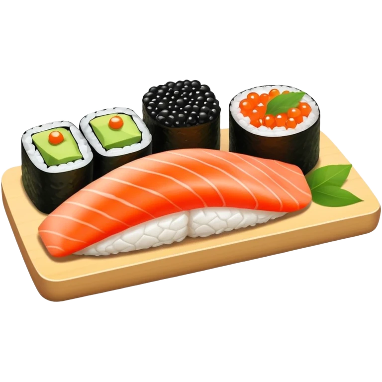 Tabla de shushi, salmón, aguacate, caviar, pez mantequilla  emoji