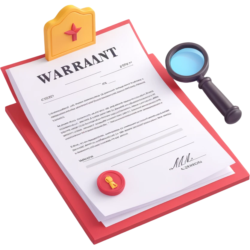 Make the paper of the 3D legal document icon more white, keeping the 'WARRANT' at the top, body text, signature, and stamp at the bottom. Maintain the 3D, icon-like style with bright lighting and transparent background. emoji