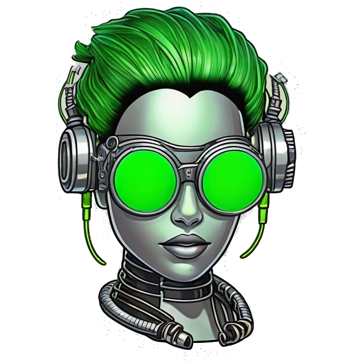 Neon green bobbed hair Latina female cyborg head with silver steampunk goggles and circuits emoji