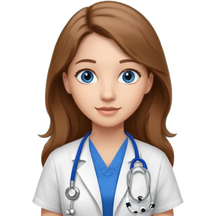 inside a classroom at university that says nursing school on the board with a pretty female nursing student with long brown hair, blue eyes emoji