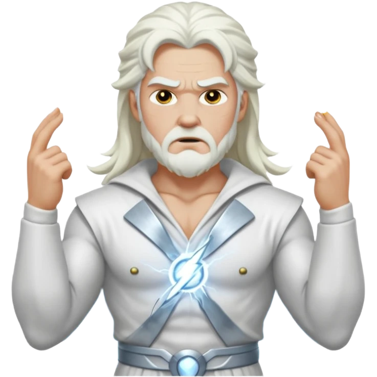 Zeus, whole body, white clothes, long white  hair, lightnings, determined face emoji