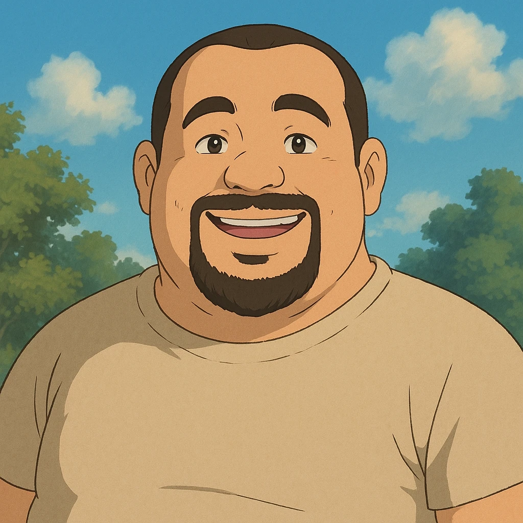 chubby Lebanese man with a goatee and short hair, smiling, ghibli style emoji