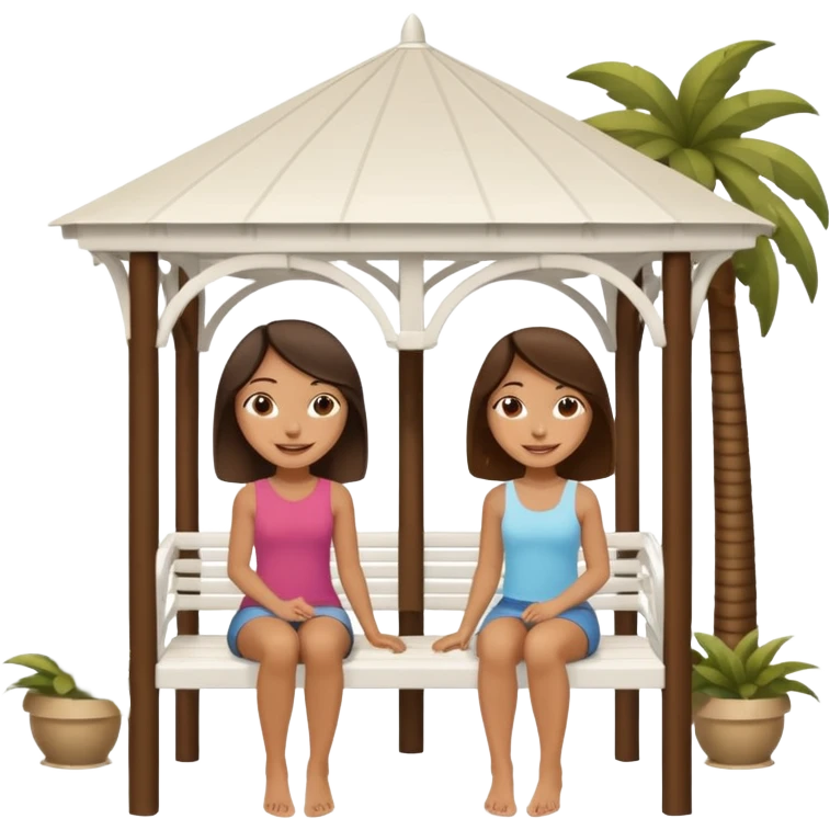 Two small brunette women sitting under a large white gazebo emoji