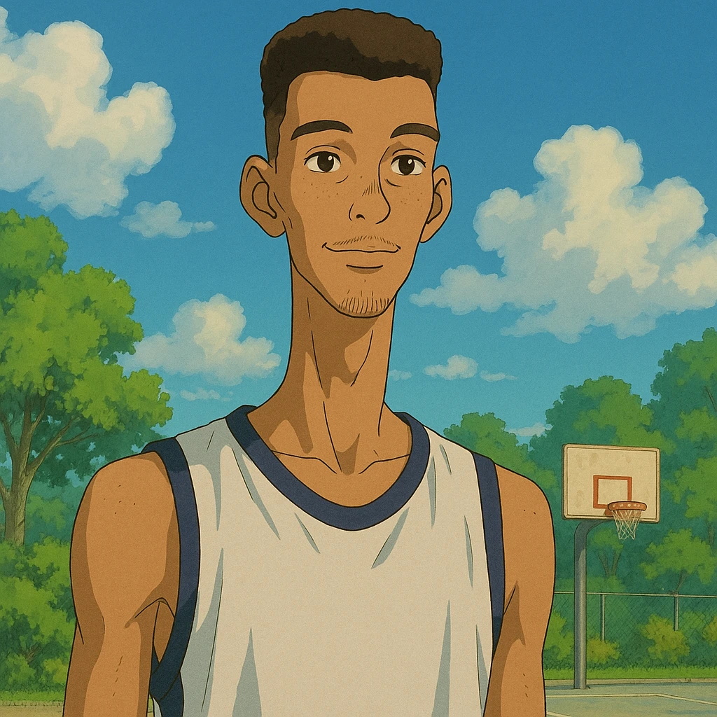 Victor Wembanyama, tall basketball player with unique features, gentle expression, detailed background, Ghibli style emoji