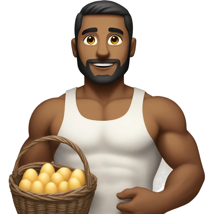 Buff white man with dark hair holding two baskets with a ton of eggs emoji
