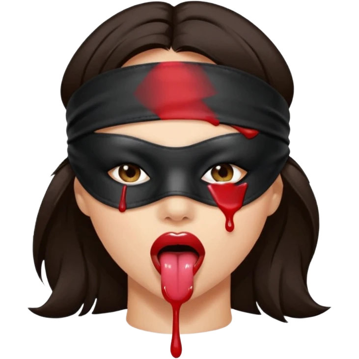 woman with dark brown hair wearing black blind fold completely covering her eyes. tongue out and saliva coming from mouth emoji