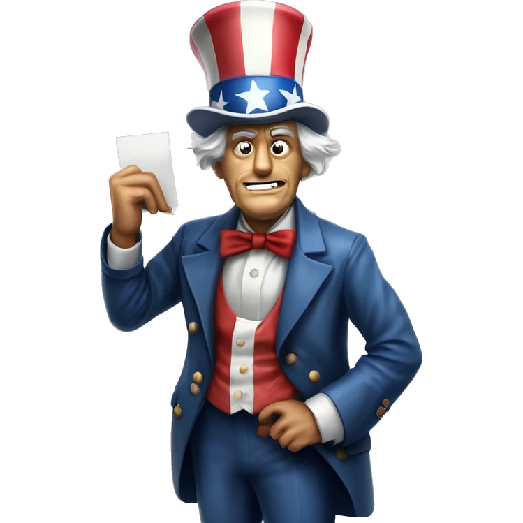 Uncle Sam with pitiful eyes holds a sign at full height waist photorealistic serious emoji