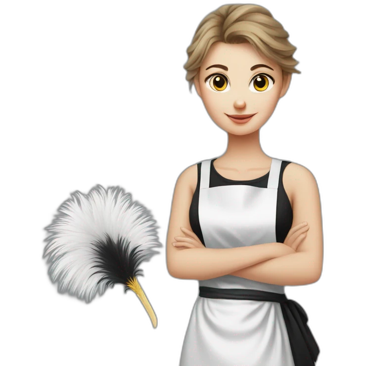 Slavic girl in a white T-shirt and a black apron holds ostrich feathers for dusting emoji