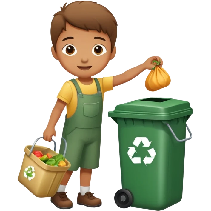 child putting food waste in a dustbin, cheerful and responsible emoji