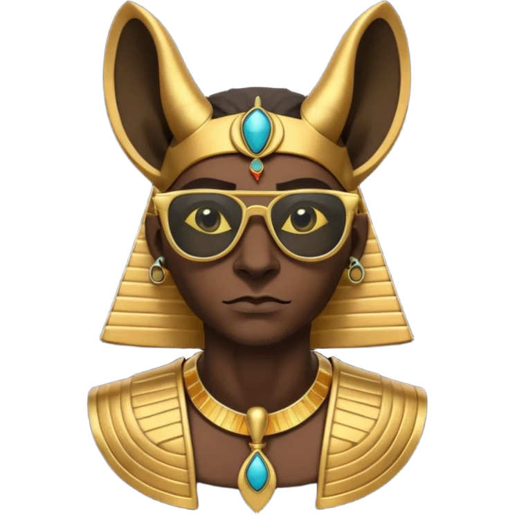 3D cartoon horned character portrait, wearing sunglasses, gothic ancient Egyptian style, pharaoh collar, dark gold and black outfit, ankh symbols, Egyptian jewelry, mysterious expression, soft dramatic lighting, centered, clean background, no text, no watermark emoji