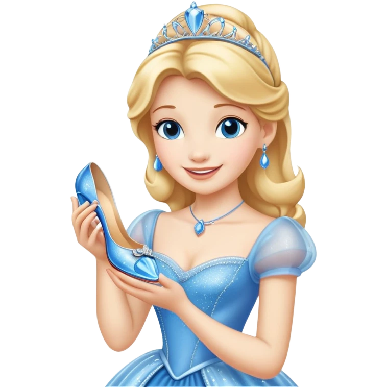 Cinderella emoji, holding glass slipper, elegant blue dress, sparkling details, smiling emoji