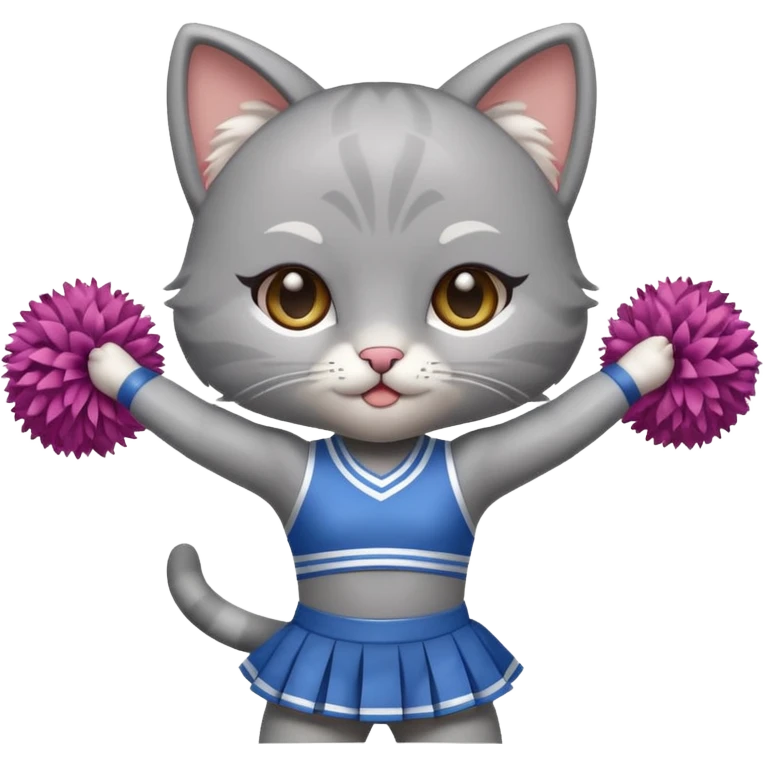 A cute chibi sleek grey cat cheerleader twirling pom-poms with confident energy. emoji