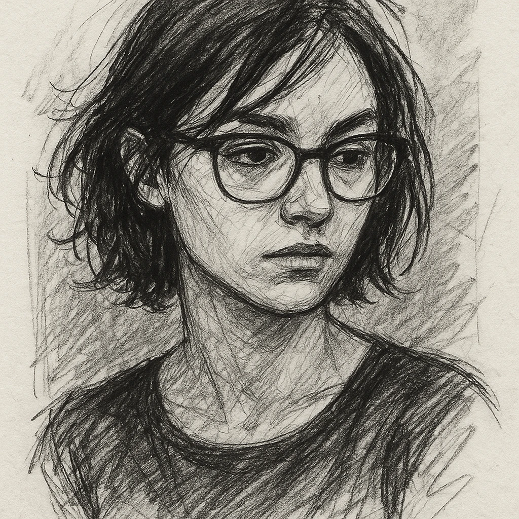 a black-haired woman wearing glasses, hand-drawn sketch style emoji