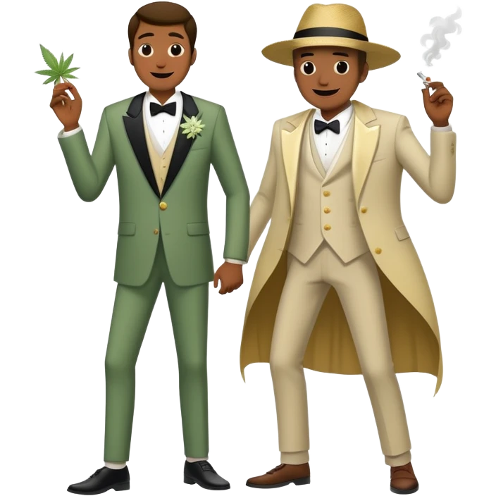 Full body view of person in fancy clothes sneaking into a wedding ceremony with a mischievous grin, uninvited guest, smoking cannabis emoji