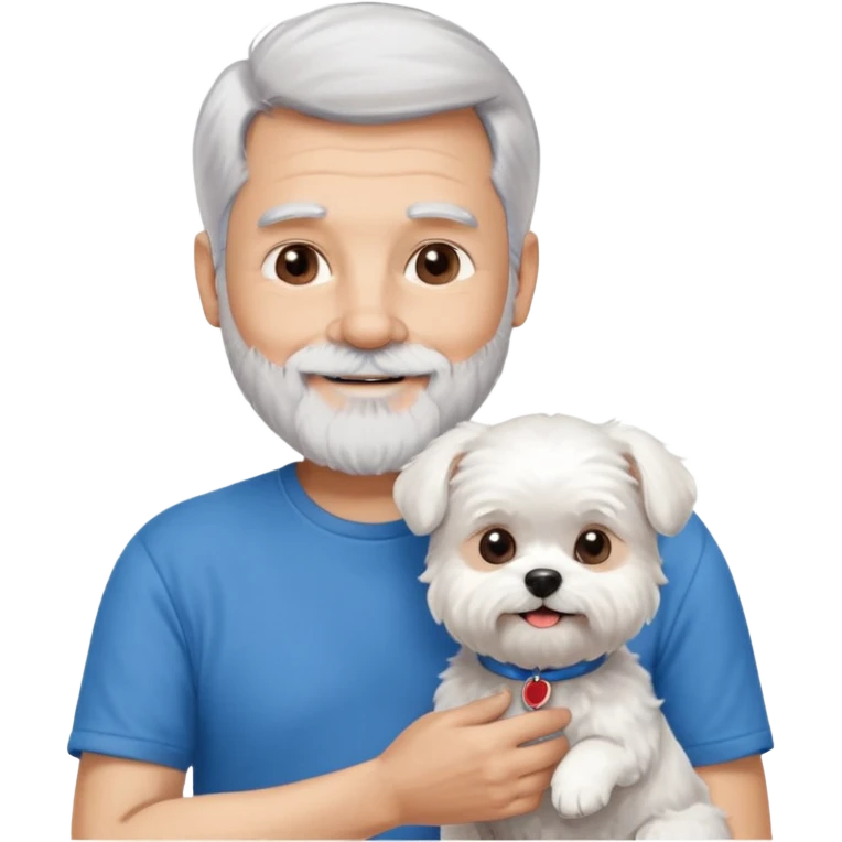 handsome gentleman, 60 years old, silver hair short, full beard, wearing a blue t-shirt, smiling and holding a maltese dog emoji
