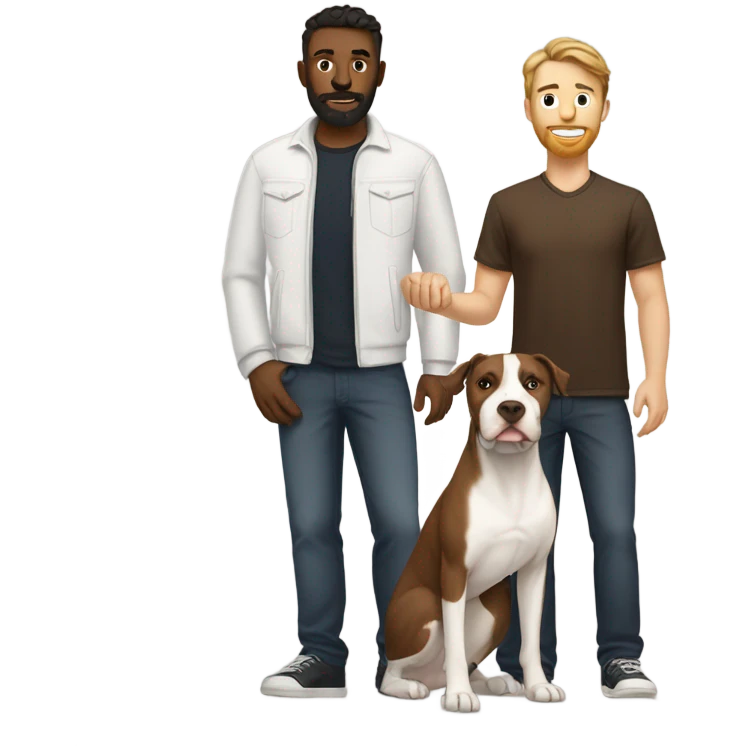 white male with dark brown hair and a lightly scruffy beard shadow standing alongside a white and brown pitbull emoji