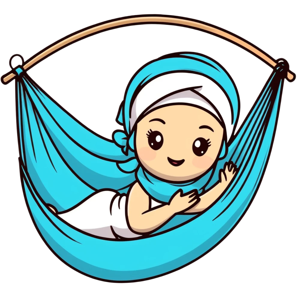 cartoon emoji of a playful girl with a headscarf, strong outline, expressive face, pastel tones, subtle Aquarius accent, hint of yoga hammock, cosmic motifs, cheeky and magical vibe emoji