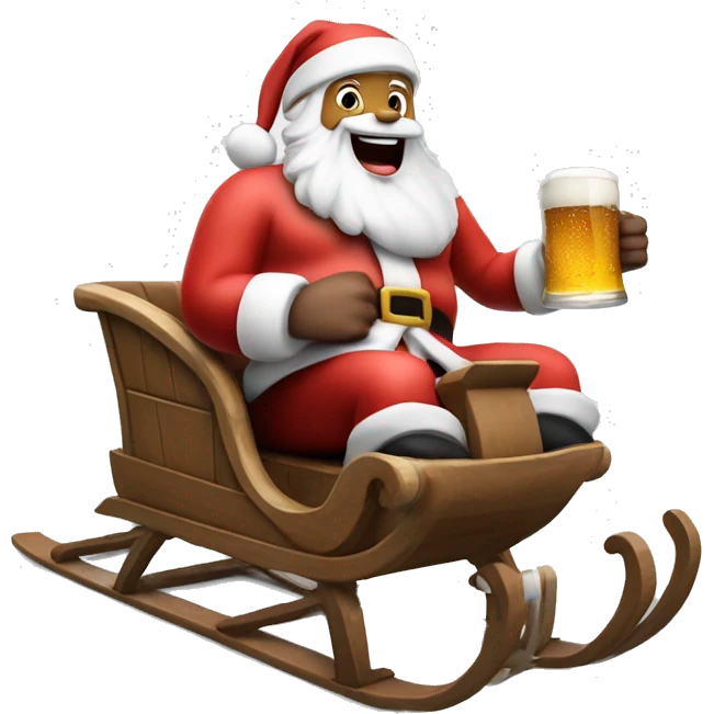 Excited  white skin Santa sticking out tongue while riding and holding beer on the sled emoji