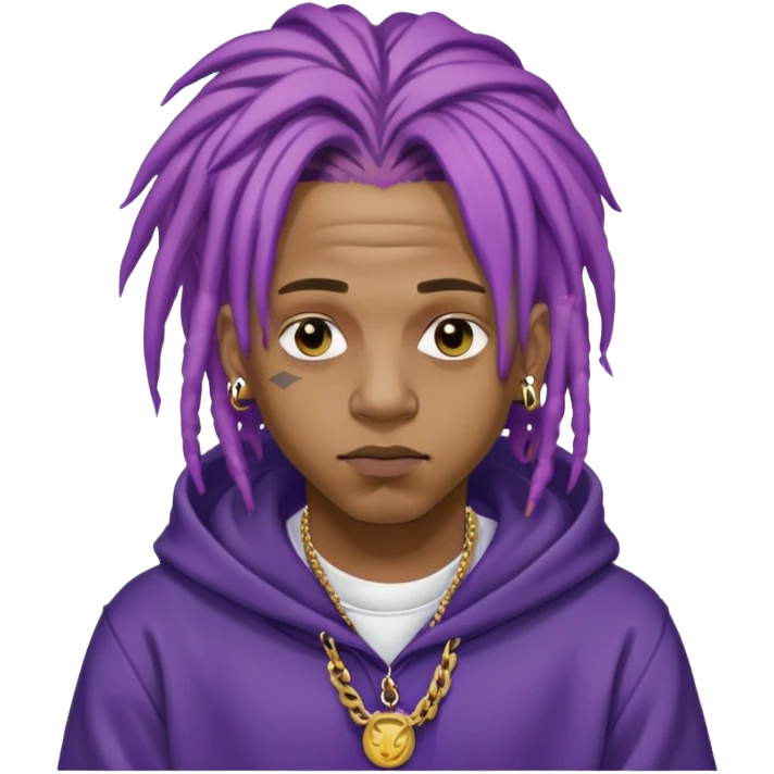 Juice WRLD with purple dreadlocks, 999 tattoo, gold chain, and hoodie emoji