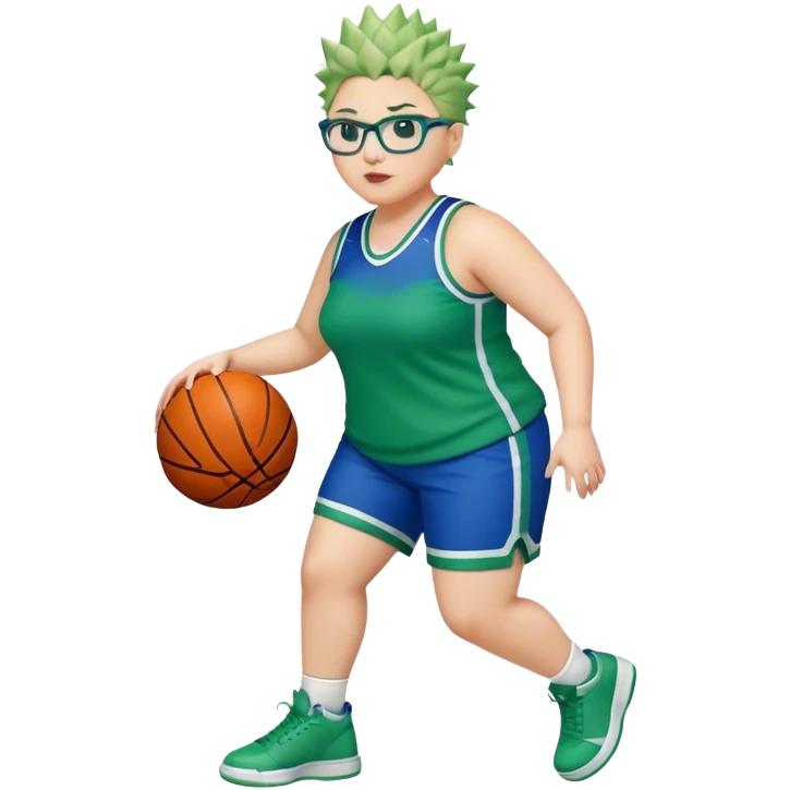 FULL BODY PLUS SIZE  WHITE Vwomen with short hair SPIKEY HAIR and glasses playing basketball IN BLUE AND GREE UNIFORM NO WRITING emoji