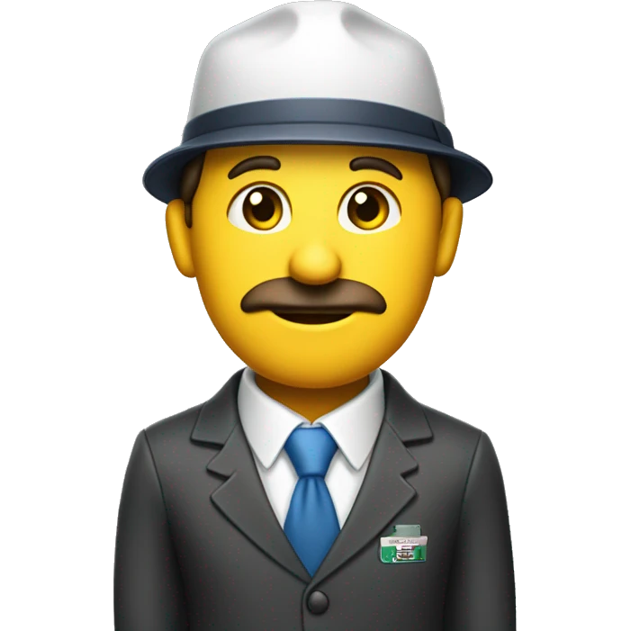character is dressed in an outdated suit with a tie, showing a traditional or skeptical attitude, and wearing a cap with an oil company logo. emoji