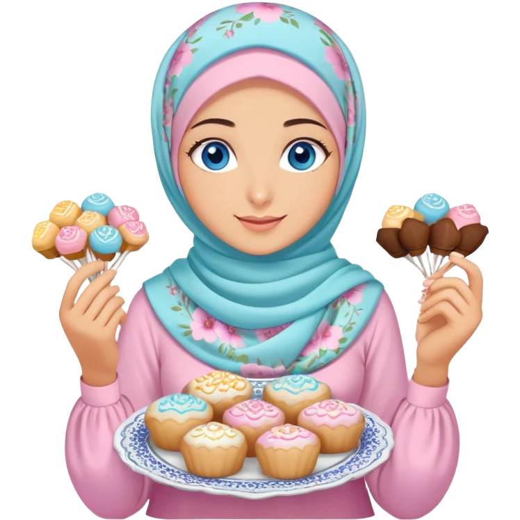Turkish beautiful finish Konya girl blue eyes with pastel floral hijab islamic dress and had on her hand text Eid Mubarak with sweets and celebrating with her friends eid days   emoji