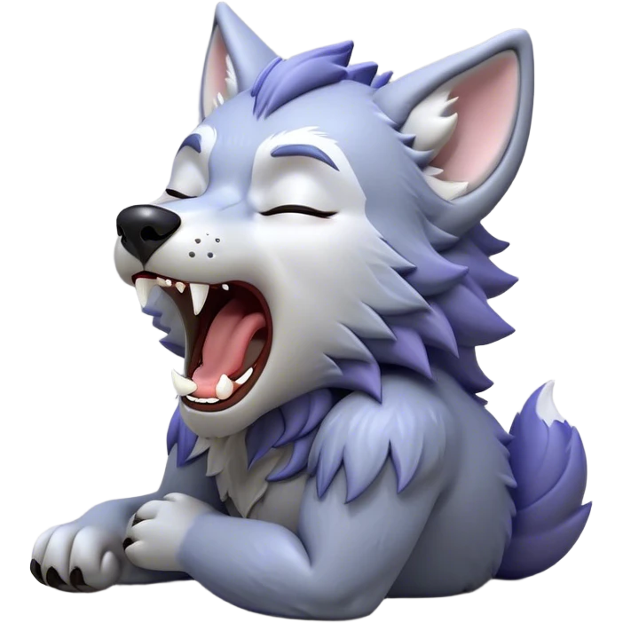 Cinematic Cute Yawning Werewolf Portrait Emoji, with a cuddly, miniature lupine form in soft moonlit grays and silvers, head leaning back in a big, adorable yawn that reveals a few fuzzy teeth, simplified yet irresistibly charming, highly detailed with a soft glowing outline that captures the drowsy, playful essence of a werewolf mid-nap! emoji