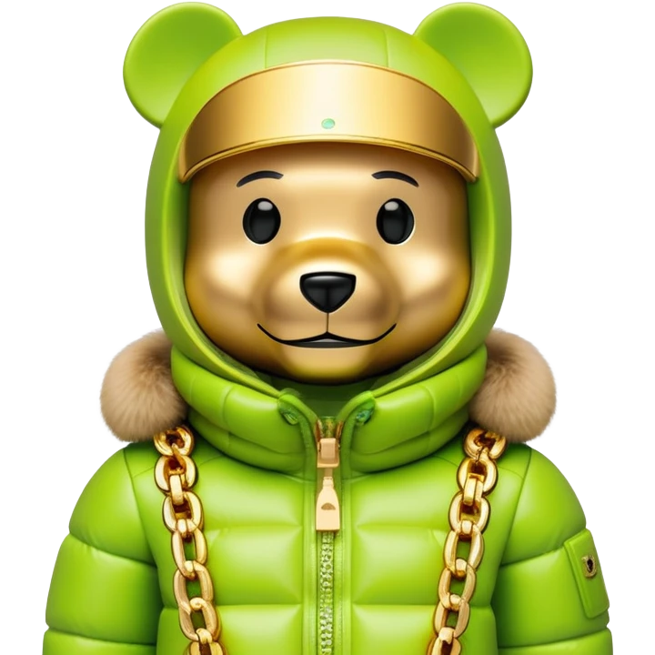 museum-quality bearbrick figure with perfect cubic proportions, lime green balaclava with seamless integrated golden visor lens, ultra-luxury designer down jacket with prominent branding and premium plush fur trim throughout, detailed gold chain accessories, fashion statement piece emoji
