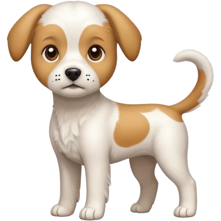 a full body white beagle x maltese x chi dog the size of a kelpie with light brown ears and a light brown patch on one eye emoji