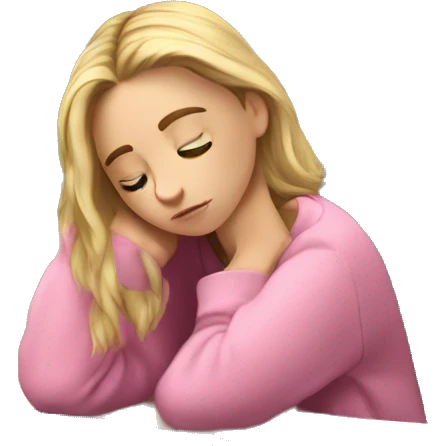 A tired white girl student in a pink sweater studies among books and a computer   emoji