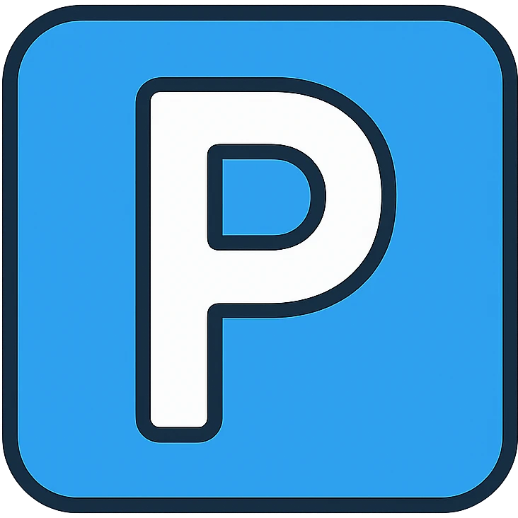 parking symbol, rounded edges, friendly, blue background, white P emoji