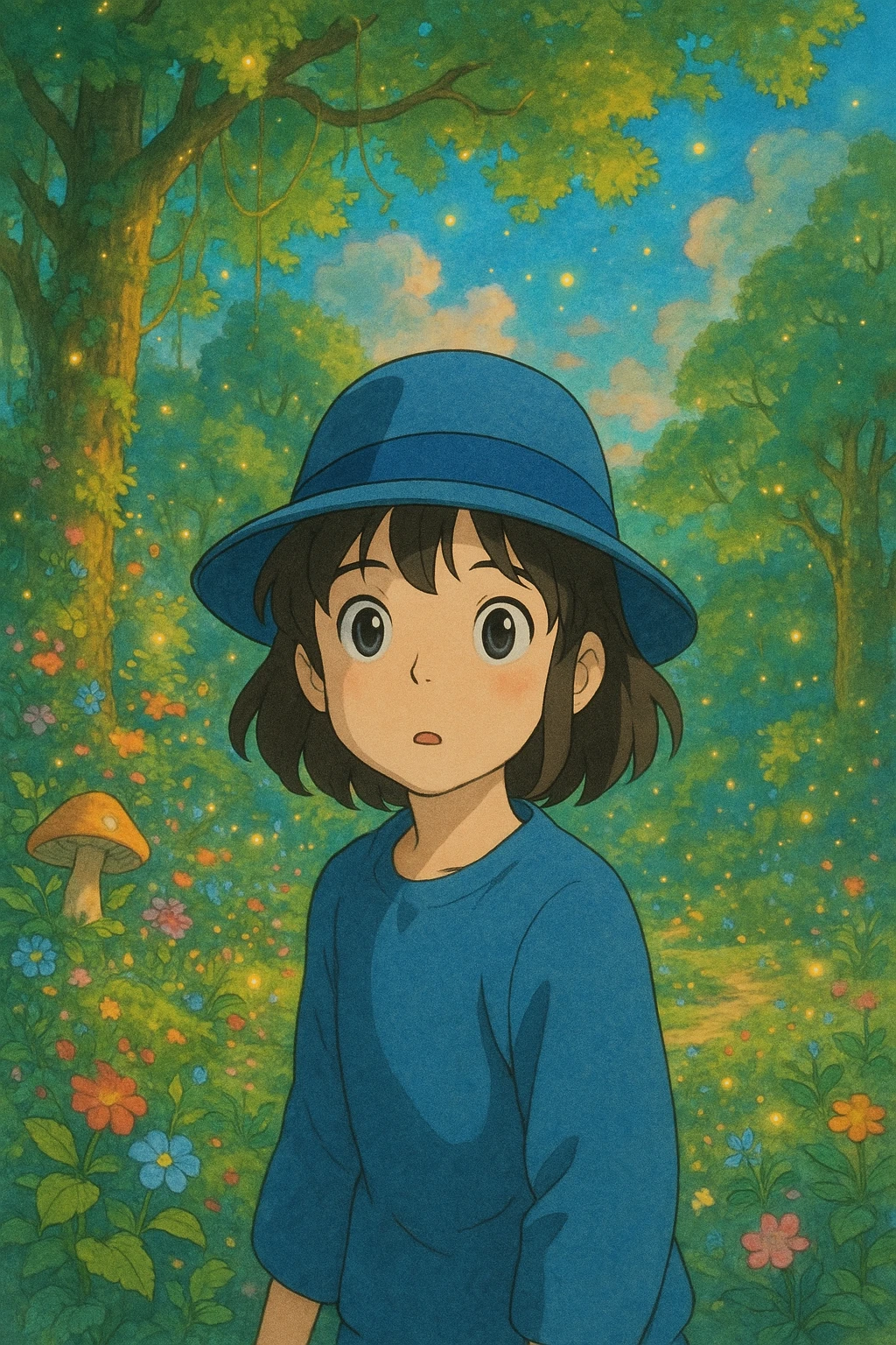 girl in a blue fedora, looking curious, whimsical background, ghibli style emoji