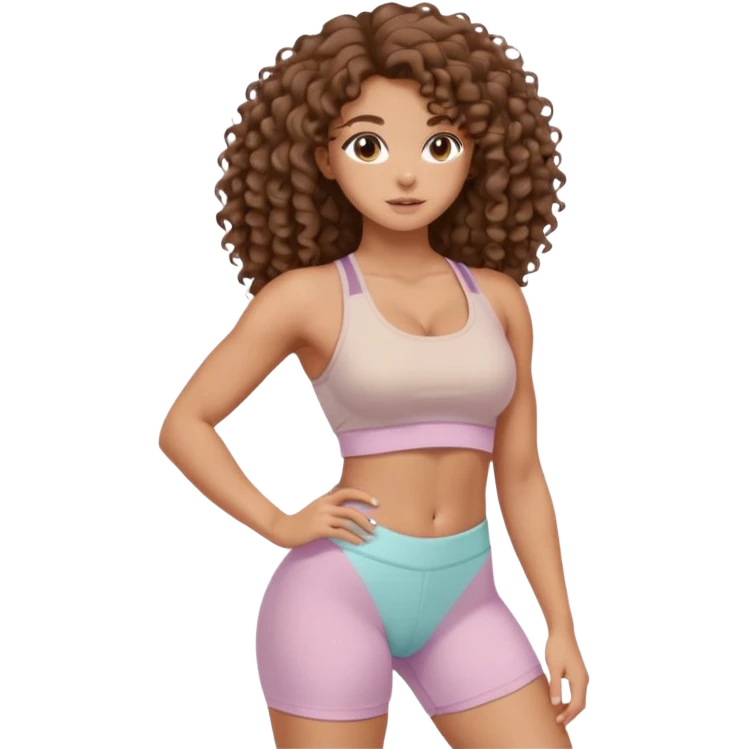 Create dream body girl with big glute and small waist and brown flat no volume curly long hair with pastel beige gym clothes  emoji