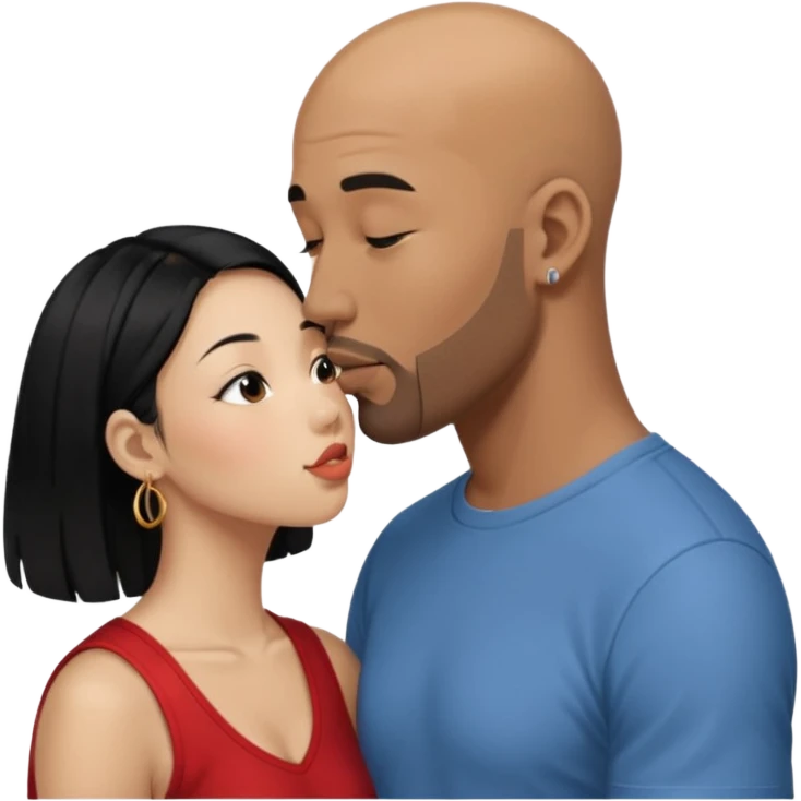 Bald black man with short beard deeply kissing each other. She is a short younger looking asain women. She has long black hair and a nose ring emoji